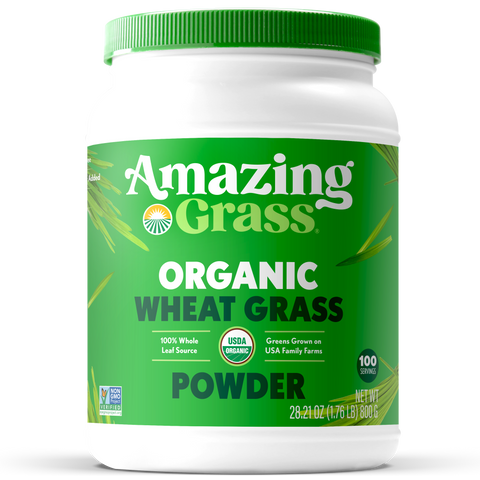 Container of Amazing Grass organic wheat grass powder on a white background