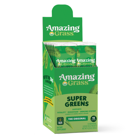 Box of Amazing Grass Super Greens stick packs on a white background
